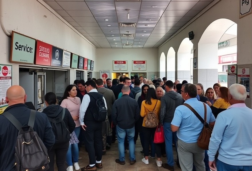 Antes — Una sola fila para todos los trámites y espera concentrada en la entrada.
